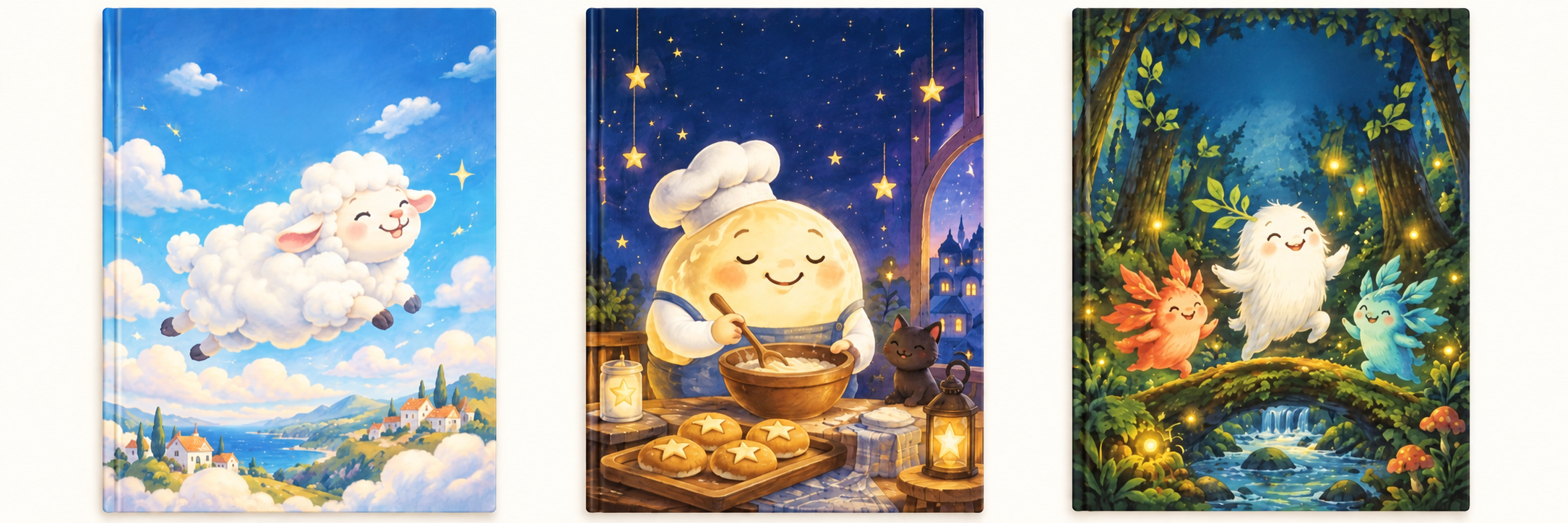 Three whimsical children's book cover concepts