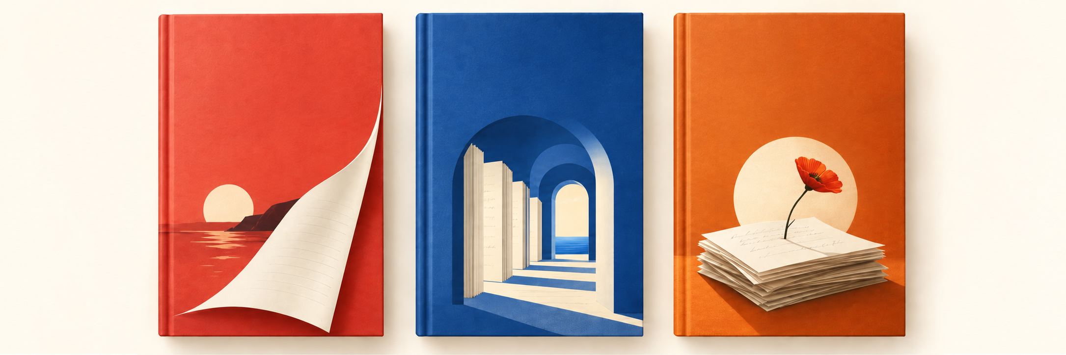 Three colorful fiction and writing book cover concepts