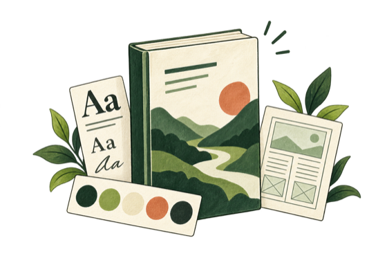 An ebook cover surrounded by typography, colour, and layout studies